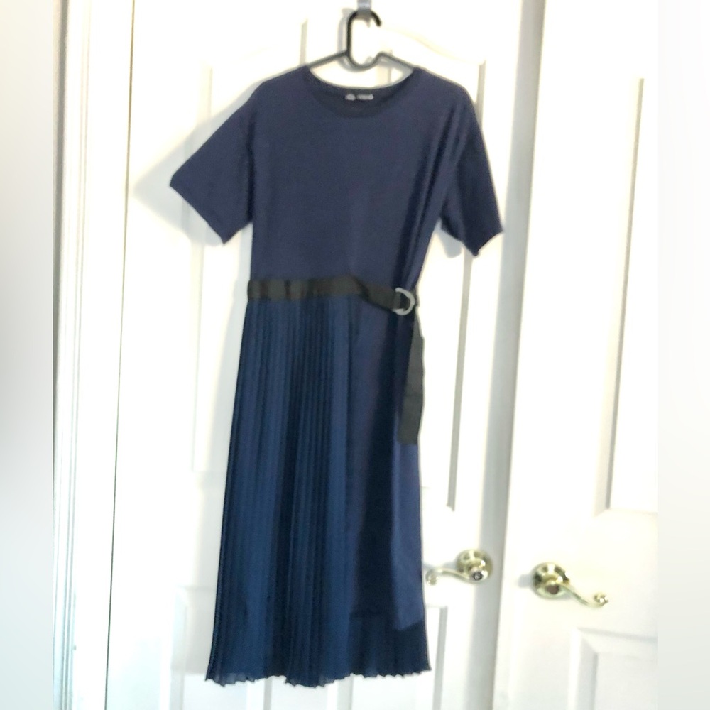 NWOT Zara Navy Midi Dress with Black Waist Tie